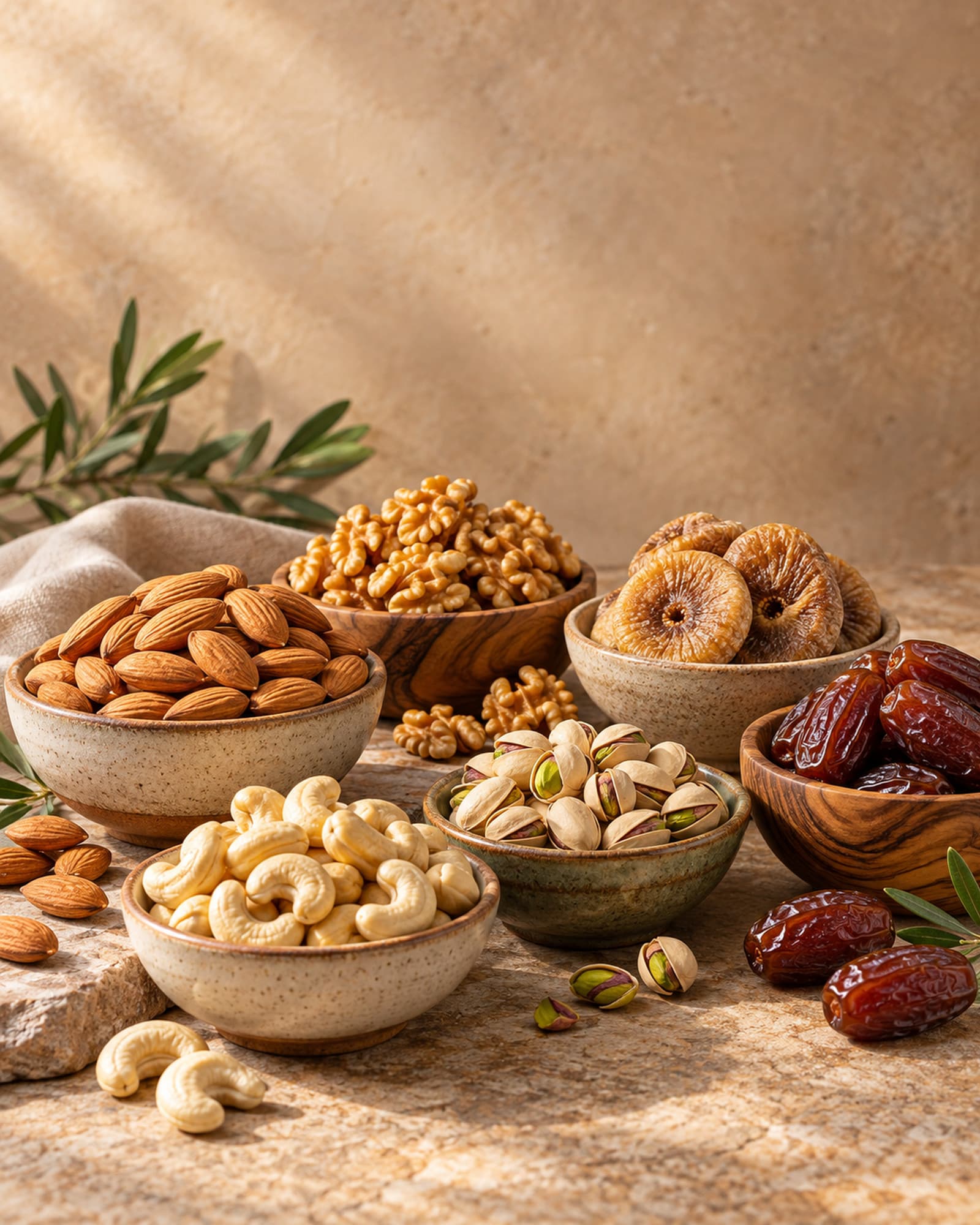 Almonds, cashews, pistachios, walnuts, raisins, dates and figs