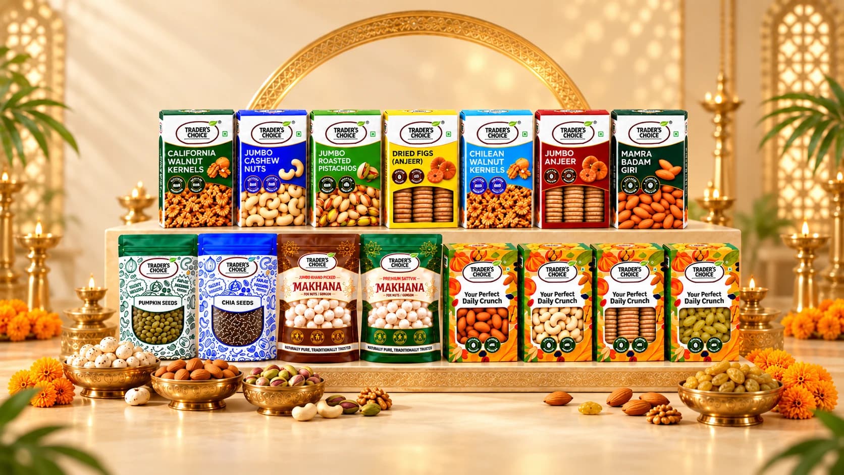 The complete Trader’s Choice range — boxes, stand-up pouches and Daily Crunch packs on a festive stage